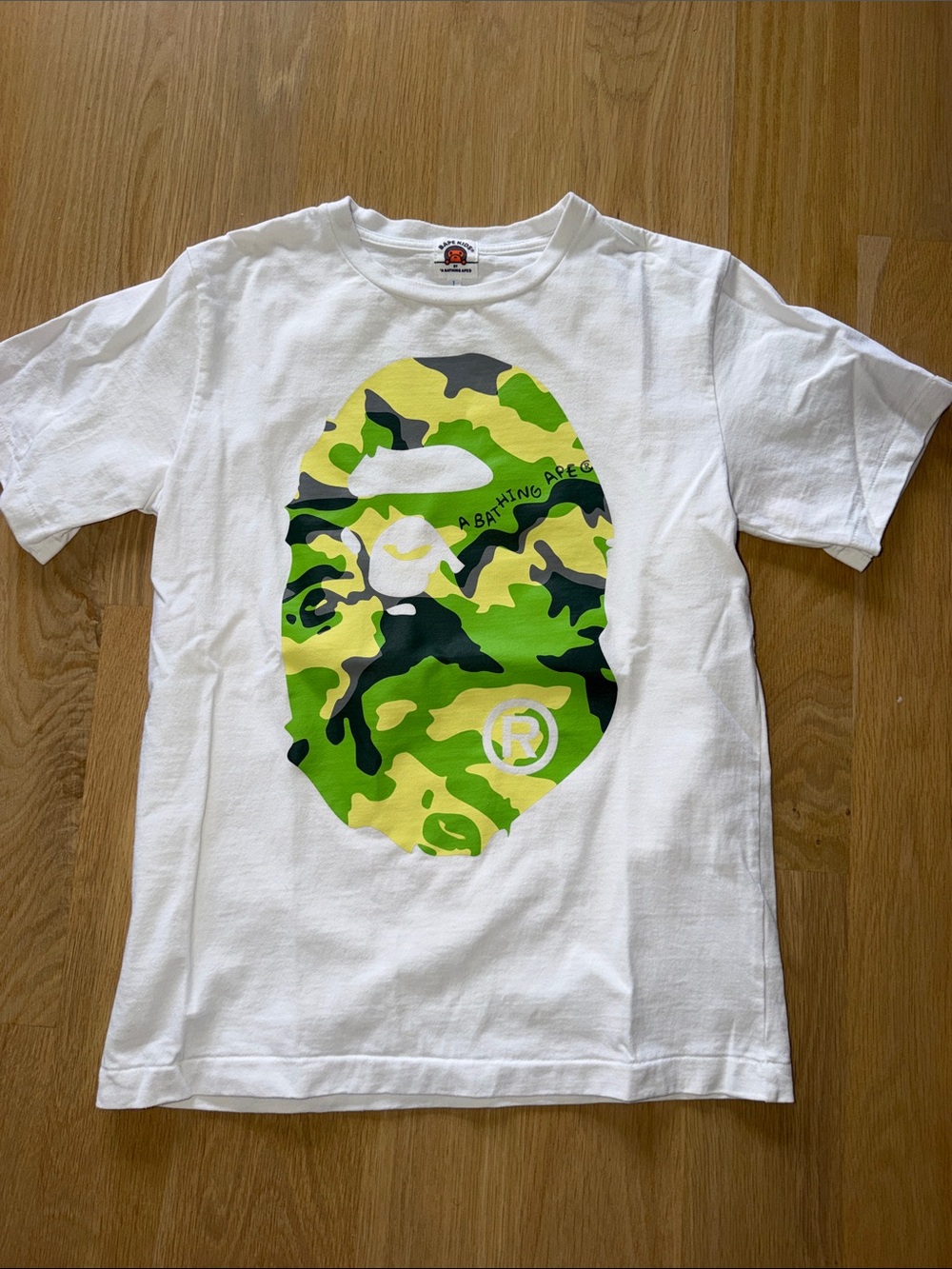 A Bathing Ape Kids' White Tee with Neon Green Camo Ape Head